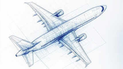 Fototapete - Detailed blueprint of a commercial airplane design with top view showcasing various structural elements. Generative AI