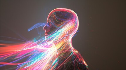 Fototapete - A luminous profile surrounded by vibrant neon light streaks and digital glow, exuding futuristic and creative energy. AI generated.