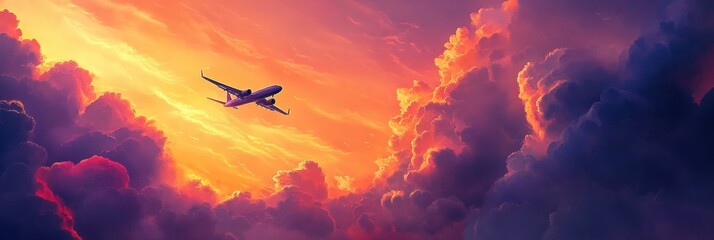 Poster - Airplane flying through vibrant sunset clouds in the evening sky above serene landscapes. Generative AI