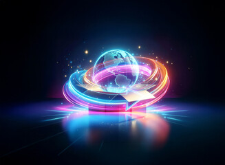 Poster - A glowing globe encircled by vibrant light trails sits on a geometric base.  A futuristic and technology-themed image against a dark backdrop.