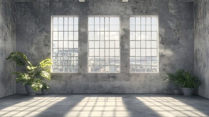 Poster - Bright industrial interior with large windows showcasing urban landscape and greenery in modern minimalist design