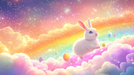 Wall Mural - Easter bunny riding a rainbow, distributing magical easter eggs that shimmer with iridescent light, as the sky is filled with glowing stars and pastel clouds. Opalescent Skies. Illustration