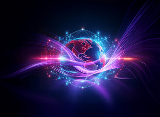 Poster - A digital globe surrounded by glowing network connections and flowing light trails against a dark background, symbolizing global communication and technology.