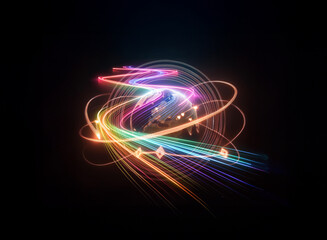 Aufkleber - abstract sphere encircled by vibrant light trails on a dark backdrop. a dynamic and colorful design 
