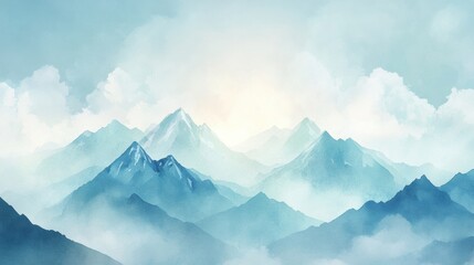 Poster - Majestic mountain landscape with soft clouds and a tranquil atmosphere in a blue color palette. Generative AI