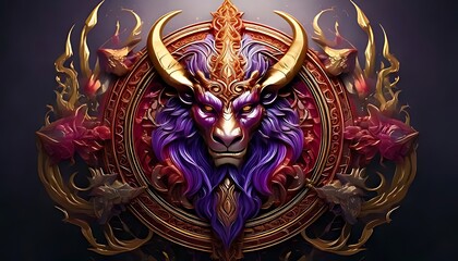 Regal, horned creature emblem with purple mane, golden accents, and piercing eyes.