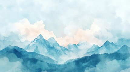 Poster - Serene watercolor mountains under a gentle sky at dawn showcasing shades of blue and soft clouds. Generative AI
