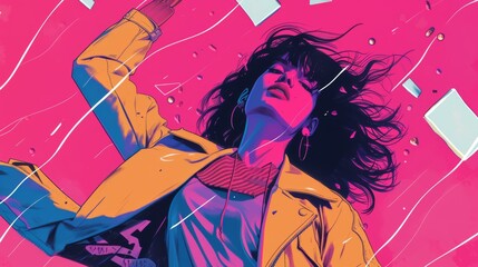 Aufkleber - A vivid, neon-colored digital artwork featuring a woman wearing a yellow jacket, set against a dynamic pink background with floating geometric shapes. AI generated.