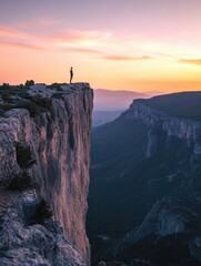Poster - Person standing on a cliff edge overlooking a vast valley at sunset in a mountainous region. Generative AI