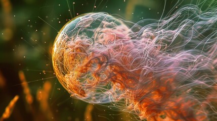 Fototapete - A stunning abstract visualization of an organic glowing sphere with flowing filaments, creating a sense of movement and depth in a vibrant, surreal environment. AI generated.