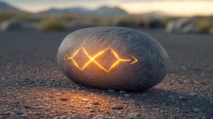 Poster - Unique glowing stone with geometric patterns found in a serene outdoor setting during sunset in a mountainous region