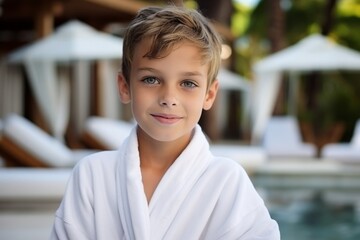 Wall Mural - Portrait of a cute little boy in bathrobe at swimming pool