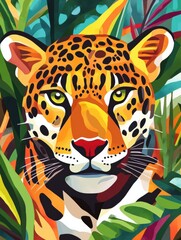 Aufkleber - Vibrant jungle artwork depicting a close up of a leopard amidst tropical foliage. Generative AI