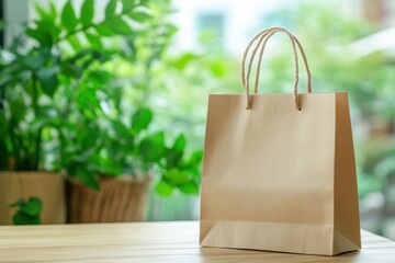 Aufkleber - Eco friendly paper bag placed on wooden surface surrounded by lush green plants for sustainable shopping. Generative AI