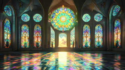 Poster - Stained glass windows illuminate a sacred space with radiant light. Emerald Glass Temples. Illustration