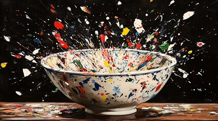 Poster - Colorful paint splashes erupting from a ceramic bowl against a dark background