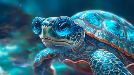 Wall Mural - turtle humorously round blue glasses