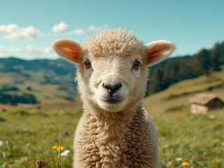 Sticker - A cute lamb in a field on a sunny day.