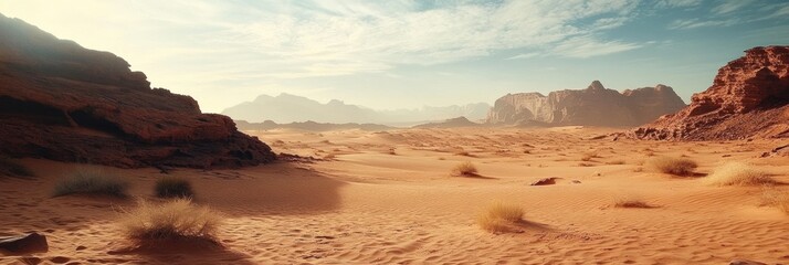 Fototapete - Vast desert landscape under bright sky filled with soft clouds featuring rugged mountains in the background. Generative AI