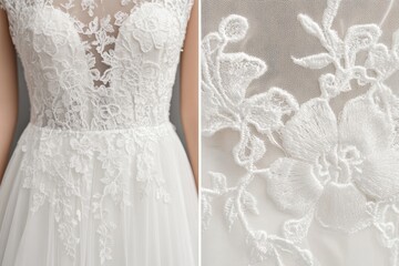 Poster - Close up view of intricate lace details on a white wedding dress featuring delicate floral patterns and sheer fabric. Generative AI