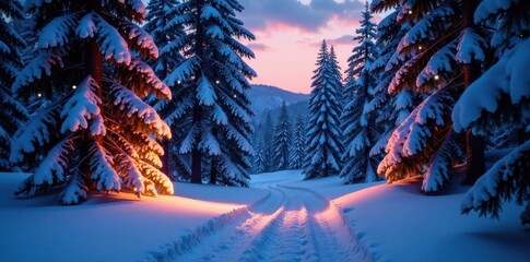 snowy forest at dusk with twinkling lights, woodland, serene, festive