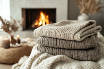 Poster - Cozy knitted sweaters stacked near a warm fireplace surrounded by calming decor and soft candlelight. Generative AI