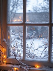 Wall Mural - Snowy winter view from a window with warm lights illuminating the frost covered branches outside. Generative AI