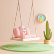 © Pachara - playful pink swing chair with smiling face, suspended in cozy room with green rug and potted plant, creating cheerful atmosphere