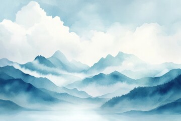Aufkleber - Mountains enveloped in mist during early morning hours under a cloudy sky. Generative AI