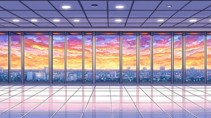 Sticker - Stunning sunset cityscape viewed through panoramic windows in a modern building.. AI Generated