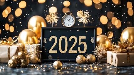 Wall Mural - Golden 2025 New Year's Eve countdown, gifts, bokeh