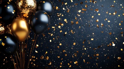 Wall Mural - Gold & black balloons, confetti, celebration backdrop