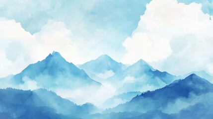 Fototapete - Misty blue mountains in a serene landscape showcasing soft watercolor tones and gentle clouds on a bright day. Generative AI