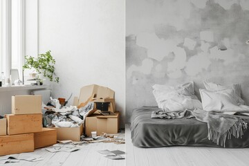 Aufkleber - Comparison of cluttered messy space and tidy clean environment in a contrasting interior setting. Generative AI