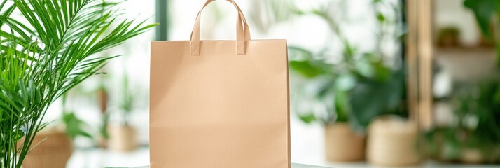 Aufkleber - Eco friendly paper bag featured in a green plant setting with space for custom text in natural light. Generative AI