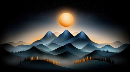 Wall Mural - Majestic mountain peaks silhouetted against a captivating golden sunset glow surrounded by a serene misty valley and lush pine forest