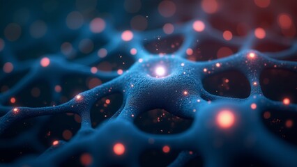 close group neurons neurons arranged radial pattern neuron having unique shape size background dark blue small red dots scattered throughout creating bokeh effect red dots appear glowing giving