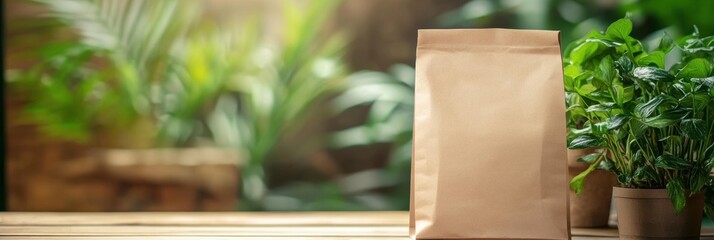 Aufkleber - Eco friendly paper bag placed on wooden table with vibrant green plants in a natural setting during daylight. Generative AI