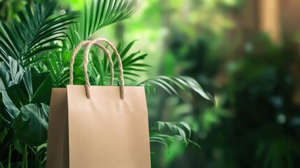 Aufkleber - Eco friendly paper bag displayed among vibrant green plants ready for custom branding and promotions. Generative AI