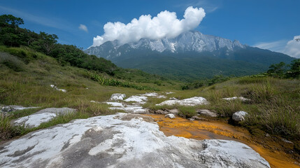 Poster - Serene Landscape Featuring Majestic Mountain and Clear Blue Sky Under Fluffy White Clouds