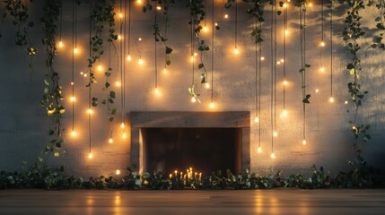 Wall Mural - Decorative cozy fireplace adorned with fairy lights and greenery creates an inviting atmosphere in a modern interior setting. Generative AI