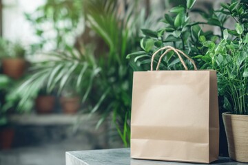 Poster - Eco friendly paper bag with blank space and green plants background for creative use in diverse settings or businesses. Generative AI
