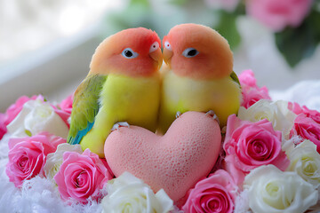 Poster -  lovebirds on heart perch