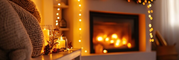 Poster - Warm cozy living room with glowing fireplace and festive lights during winter evening indoors. Generative AI