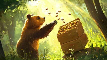 Aufkleber - Cute bear interacts with bees in a sunlit forest during a serene afternoon. Generative AI