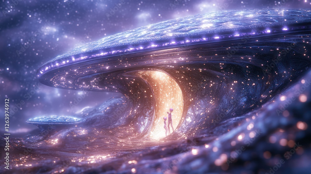 Alien spaceship landing, cosmic landscape, two figures approach, nebula ...