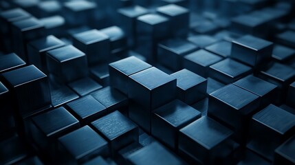 Poster - Abstract Dark Blue Cubes: A 3D Digital Art Exploration of Geometric Forms and Shadows
