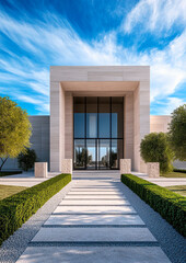 Poster - A striking contemporary facade featuring expansive glass doors, clean lines, and meticulously landscaped pathways, framed by lush greenery and under a bright blue sky.