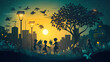 © Thiago - An artistic papercut of children planting trees under solar-powered street lights, merging nature with renewable energy. Solar-Powered Warlocks. Illustration