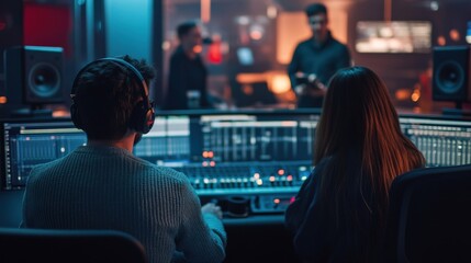 Poster - Two audio engineers work intently at a sound mixing console in a dimly lit studio. The scene captures the essence of teamwork and creativity in the filmmaking process